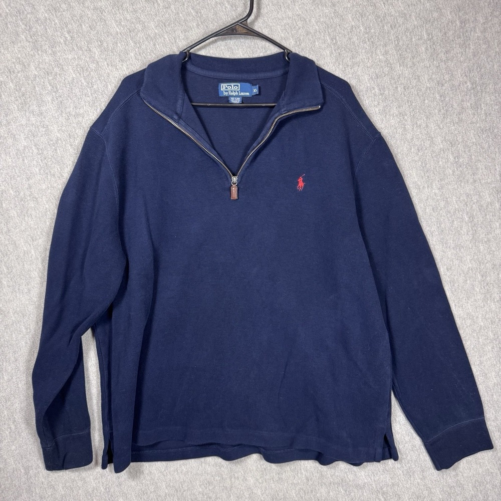 VTG POLO RALPH LAUREN Classic Quarter Zip Knit Sweater Mens XL Navy 1/4 Pullover